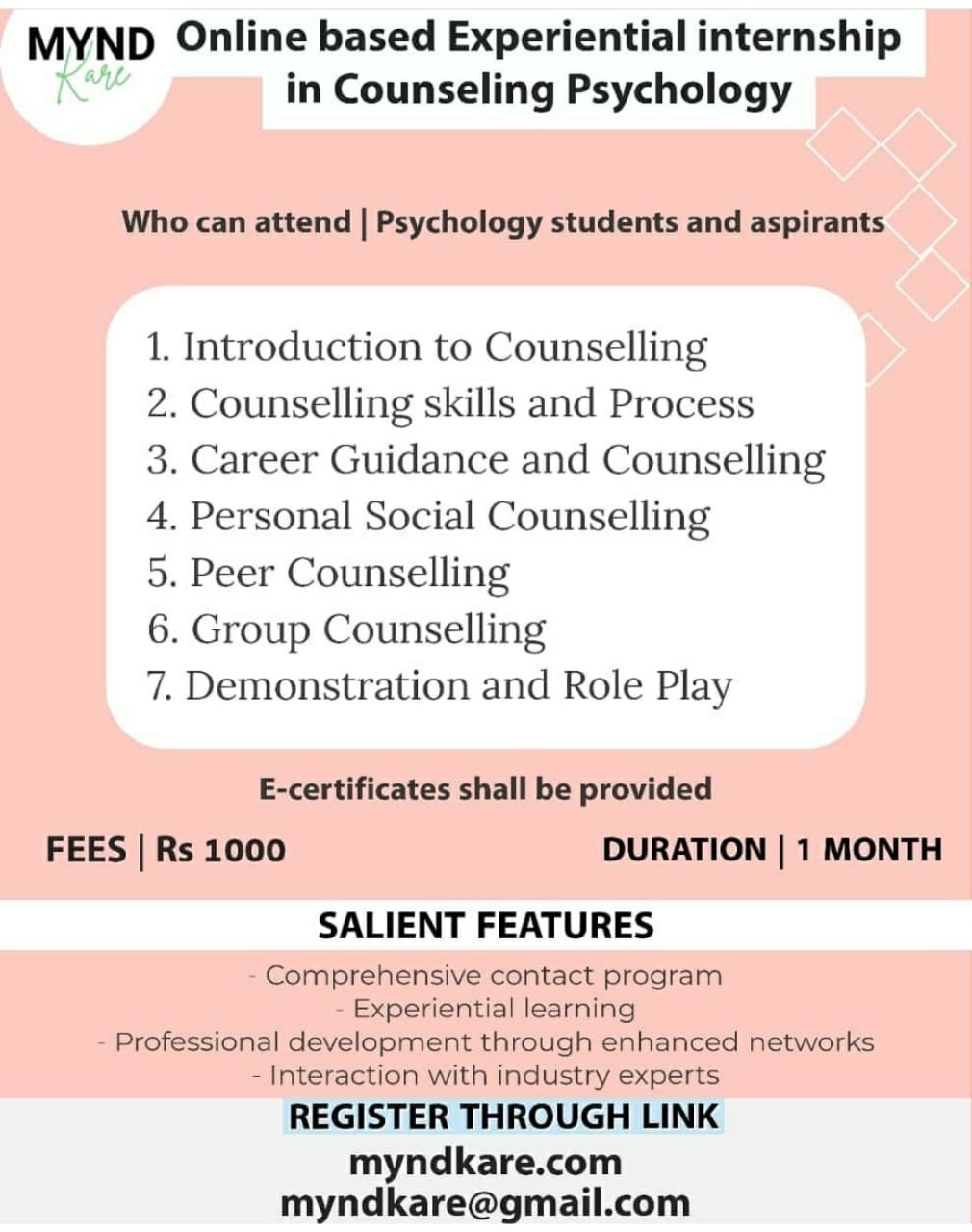 Online Based Experiential Internship Counseling Psychology MYNDKARE   Program6 